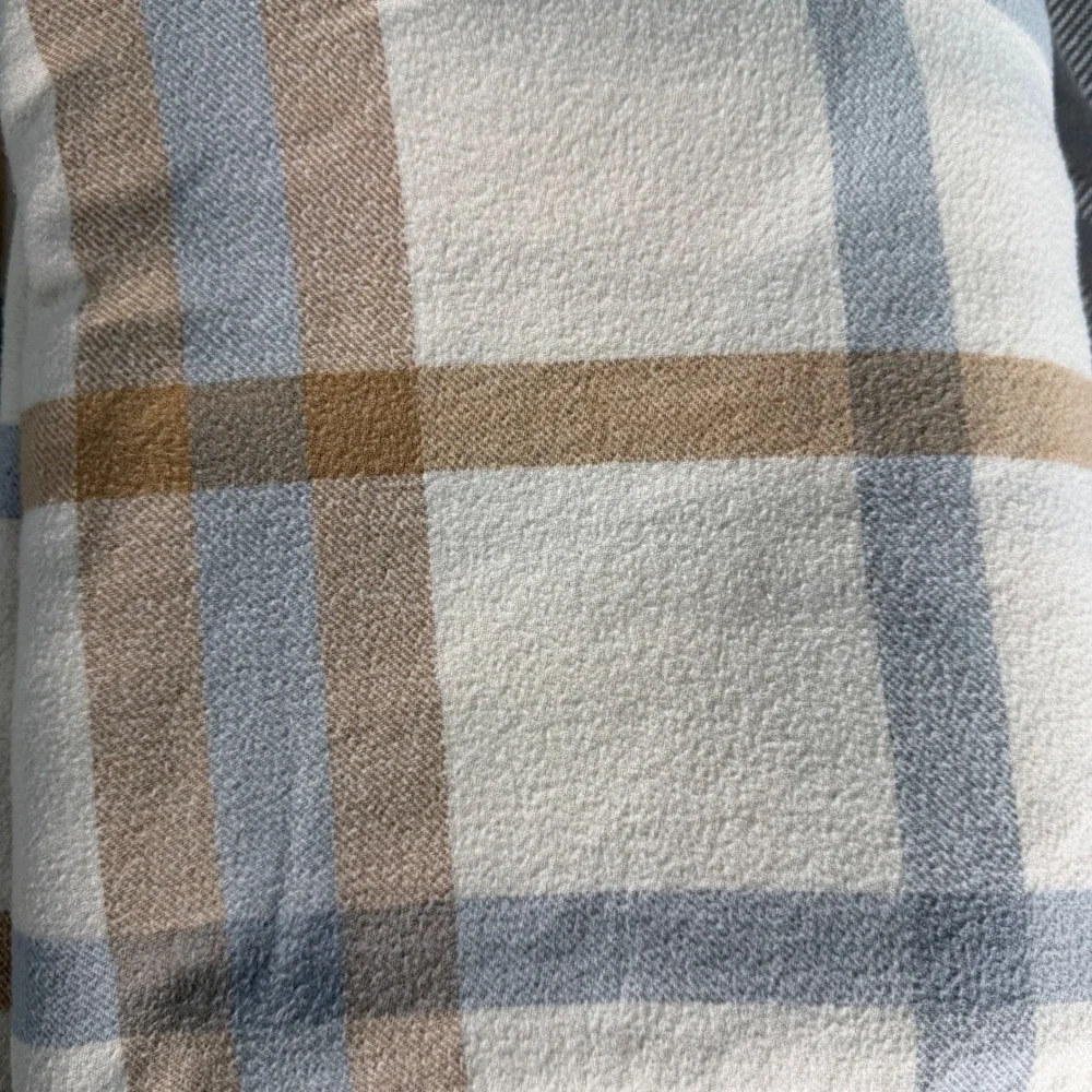 Boll & Branch Queen Flannel Sheet Set 100% Organic Cotton Plaid Cream Blue Tan